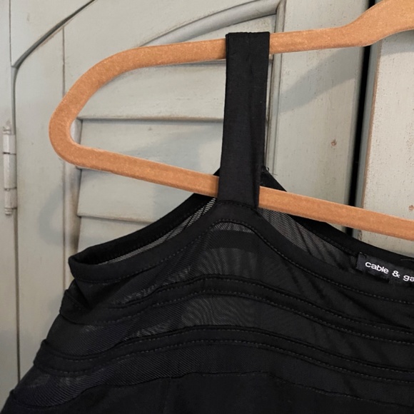 Cable and Gauge Cold Shoulder 3/4 Length Sleeve Top Mesh Neckline Black - Picture 7 of 14